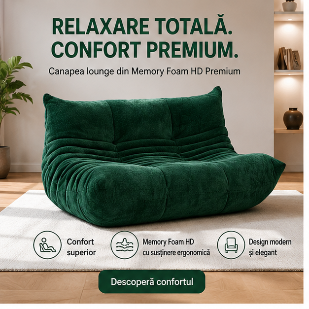 Canapea Lounge din Memory Foam HD Premium 130 x 100 x 70 cm, verde