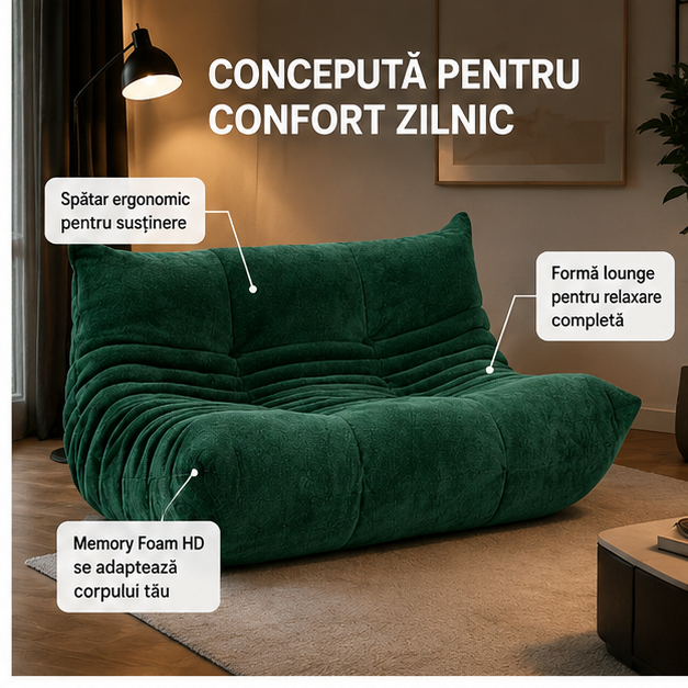 Canapea Lounge din Memory Foam HD Premium 130 x 100 x 70 cm, verde