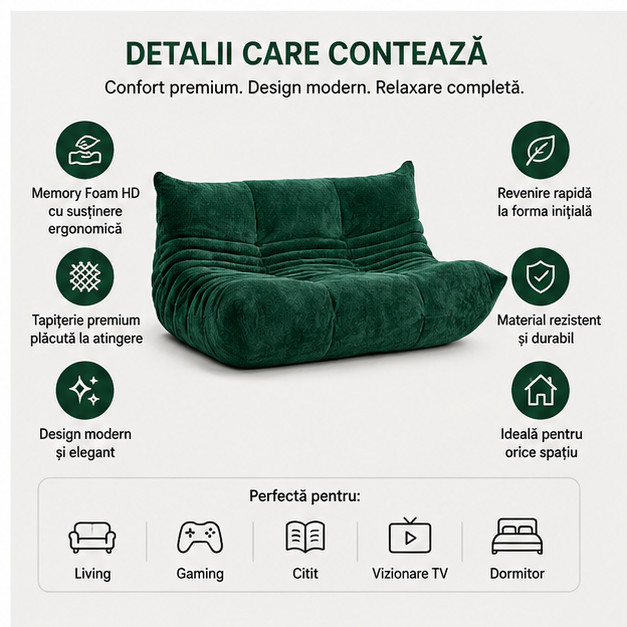 Canapea Lounge din Memory Foam HD Premium 130 x 100 x 70 cm, verde