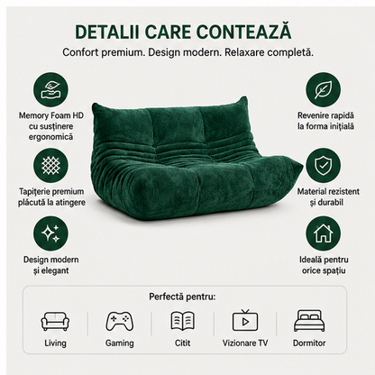 Canapea Lounge din Memory Foam HD Premium 130 x 100 x 70 cm, verde