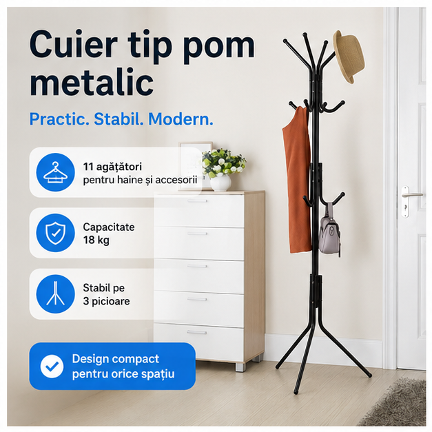 Cuier Tip Pom Metalic – Design Modern Compact, 11 Agățători și Stabilitate Excelentă