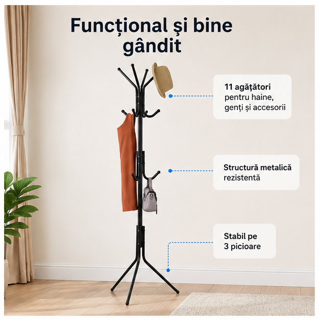 Cuier Tip Pom Metalic – Design Modern Compact, 11 Agățători și Stabilitate Excelentă