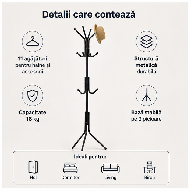 Cuier Tip Pom Metalic – Design Modern Compact, 11 Agățători și Stabilitate Excelentă