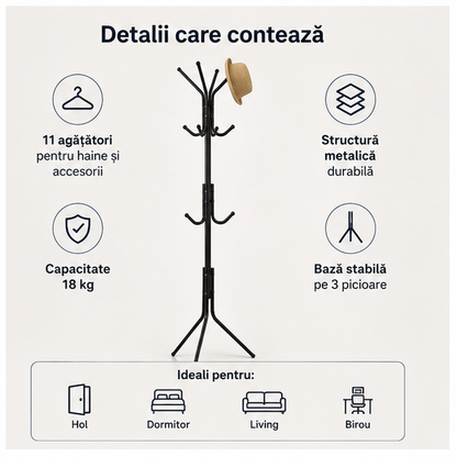 Cuier Tip Pom Metalic – Design Modern Compact, 11 Agățători și Stabilitate Excelentă