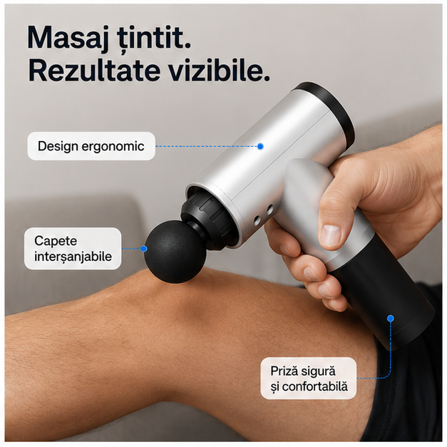 Aparat de Masaj Profesional Fascial Gun cu Vibromasaj – 4 Capete pentru Relaxare și Recuperare Musculară