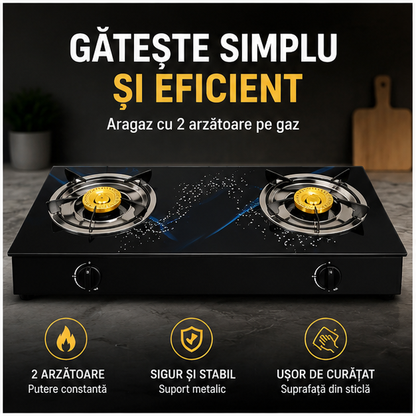 Aragaz cu 2 Arzatoare pe Gaz - Design Sticla Temperata