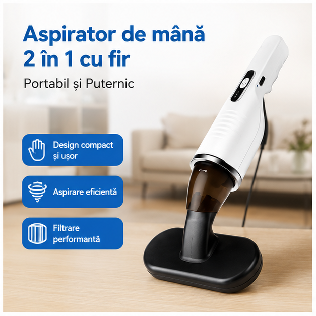 Aspirator de Mână 2 în 1 cu Fir – Portabil, Puternic și Ușor de Utilizat