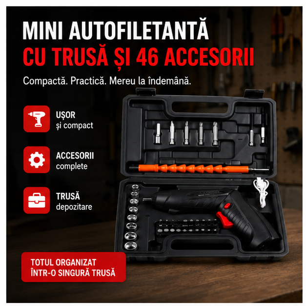 Mini Autofiletanta cu Trusa si 46 Accesorii - Set Complet