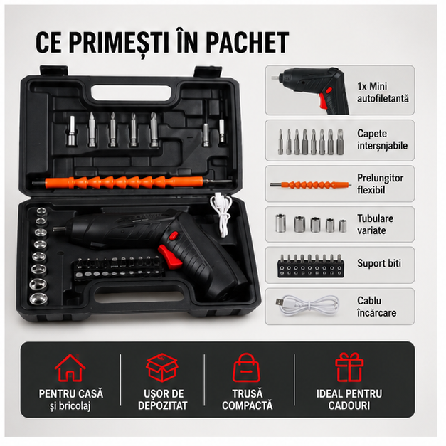 Mini Autofiletanta cu Trusa si 46 Accesorii - Set Complet