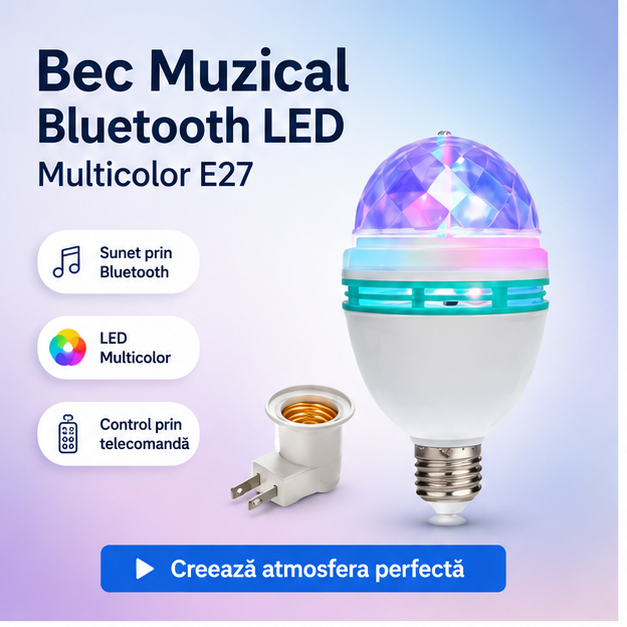 Bec Muzical Bluetooth LED Multicolor E27 cu Telecomandă – Lumină Ambientală și Boxă Integrată