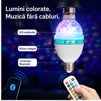 Bec Muzical Bluetooth LED Multicolor E27 cu Telecomandă – Lumină Ambientală și Boxă Integrată