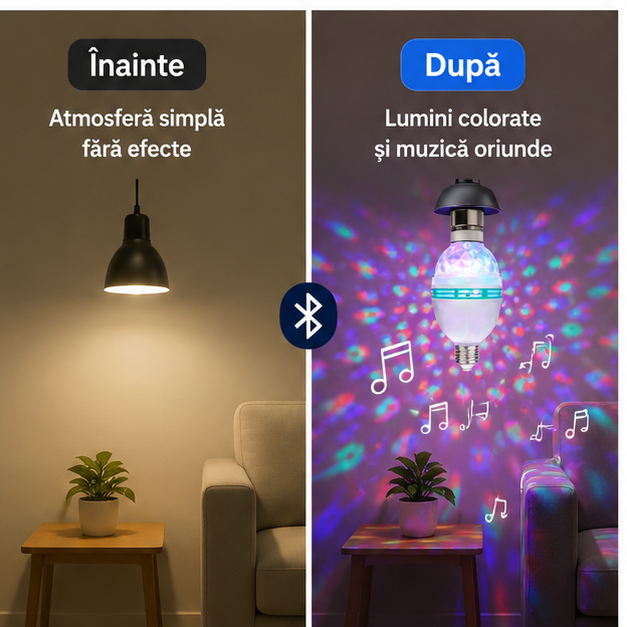 Bec Muzical Bluetooth LED Multicolor E27 cu Telecomandă – Lumină Ambientală și Boxă Integrată