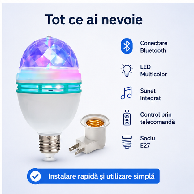 Bec Muzical Bluetooth LED Multicolor E27 cu Telecomandă – Lumină Ambientală și Boxă Integrată