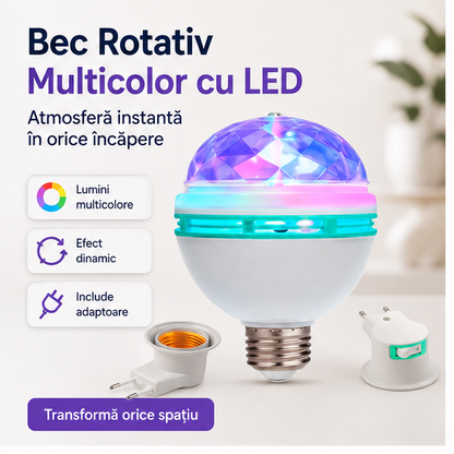Bec Rotativ Multicolor cu LED și Adaptor pentru Priza