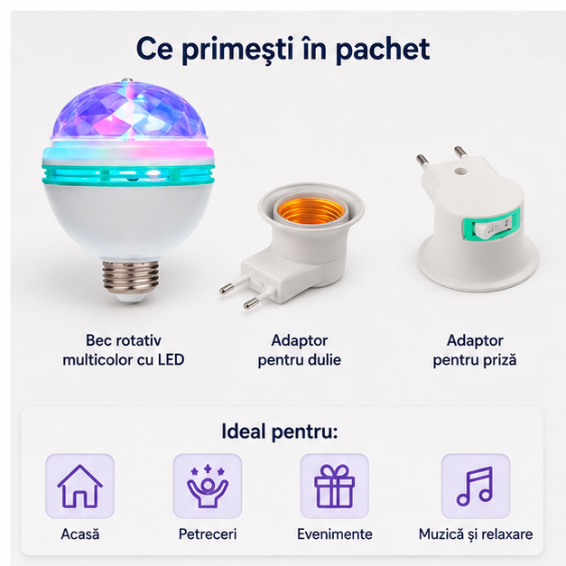 Bec Rotativ Multicolor cu LED și Adaptor pentru Priza