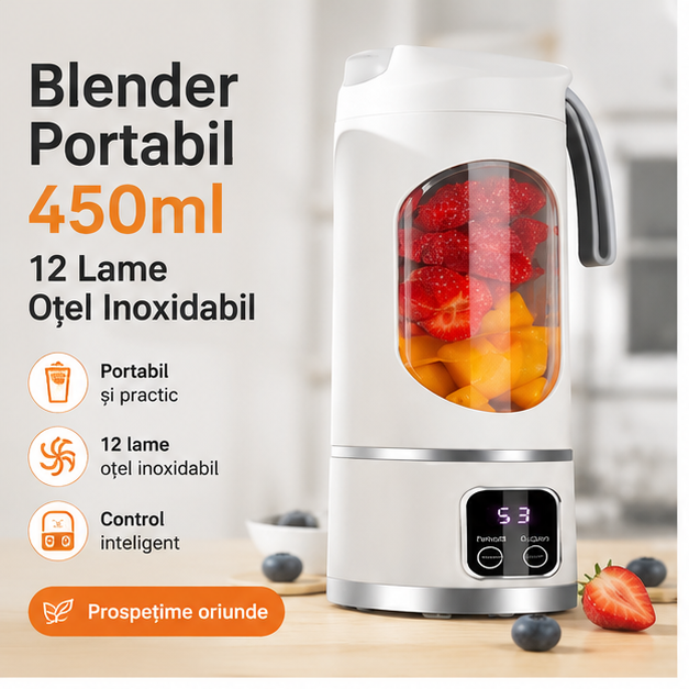 Blender Portabil 450ml - 12 Lame Oțel Inoxidabil, Încărcare USB
