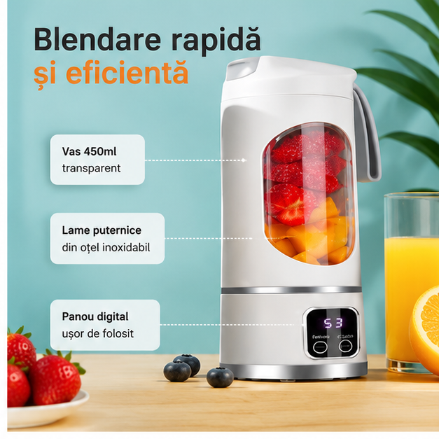 Blender Portabil 450ml - 12 Lame Oțel Inoxidabil, Încărcare USB