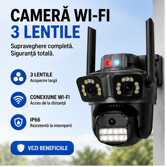 Cameră Supraveghere Wi-Fi 3 Lentile 100m AI IP66