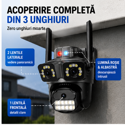 Cameră Supraveghere Wi-Fi 3 Lentile 100m AI IP66