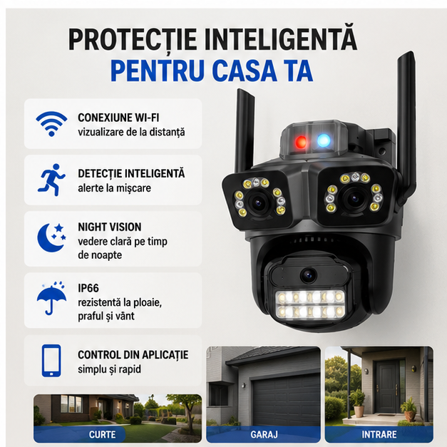 Cameră Supraveghere Wi-Fi 3 Lentile 100m AI IP66