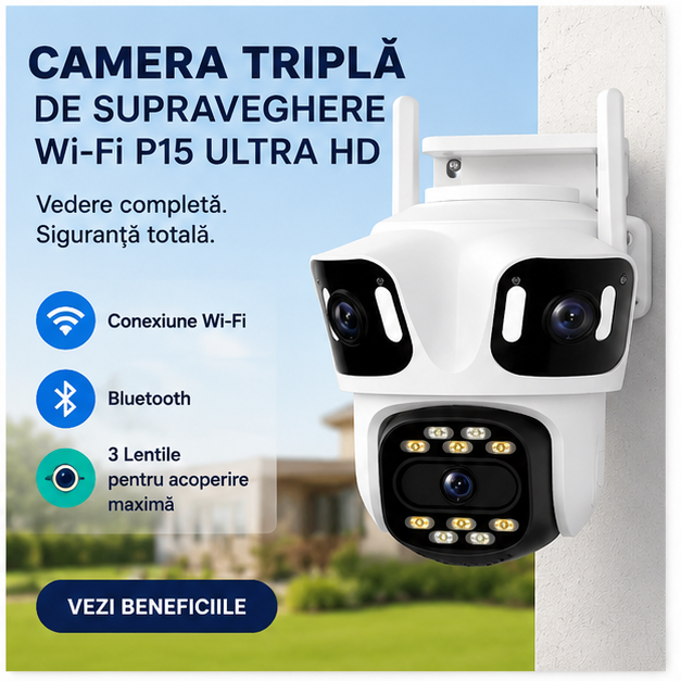 Camera Tripla de Supraveghere Wi-Fi P15 Ultra HD cu Night Vision