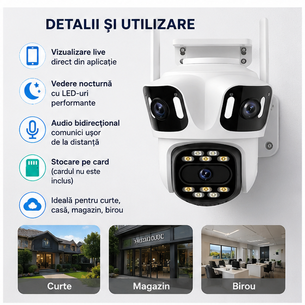Camera Tripla de Supraveghere Wi-Fi P15 Ultra HD cu Night Vision