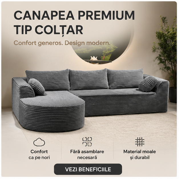 Canapea Tip Coltar, MEMORY FOAM, SUPER TRENDS, 3 Perne Mari si 2 Perne Mici, Gri, 275x175x70 cm