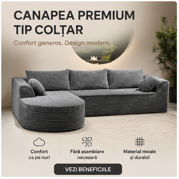 Canapea Tip Coltar, MEMORY FOAM, SUPER TRENDS, 3 Perne Mari si 2 Perne Mici, Gri, 275x175x70 cm