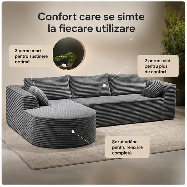 Canapea Tip Coltar, MEMORY FOAM, SUPER TRENDS, 3 Perne Mari si 2 Perne Mici, Gri, 275x175x70 cm