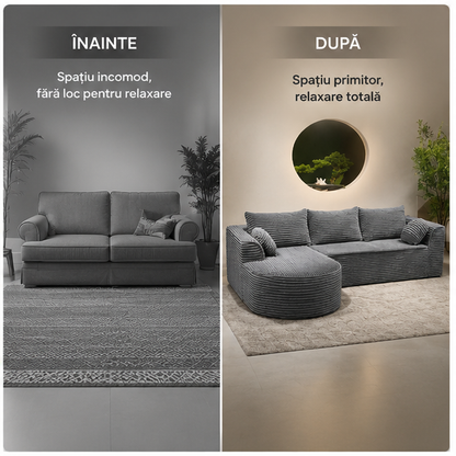 Canapea Tip Coltar, MEMORY FOAM, SUPER TRENDS, 3 Perne Mari si 2 Perne Mici, Gri, 275x175x70 cm