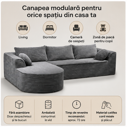 Canapea Tip Coltar, MEMORY FOAM, SUPER TRENDS, 3 Perne Mari si 2 Perne Mici, Gri, 275x175x70 cm