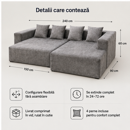 Canapea Coltar Premium Memory Foam C, 240 x 150 x 60 cm