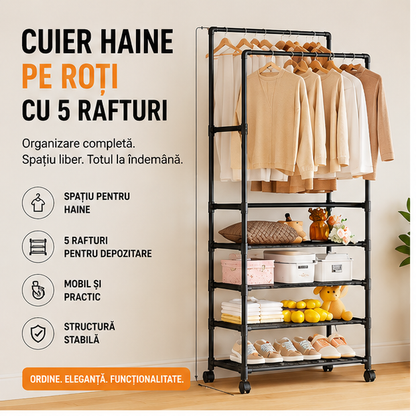 Cuier haine pe roți cu 5 rafturi 185x30x56 cm - Mobilier practic