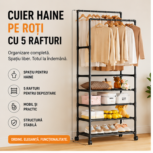 Cuier haine pe roți cu 5 rafturi 185x30x56 cm - Mobilier practic