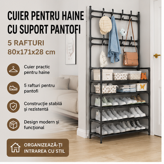 Cuier pentru haine cu suport pantofi, 5 rafturi 80x171x28