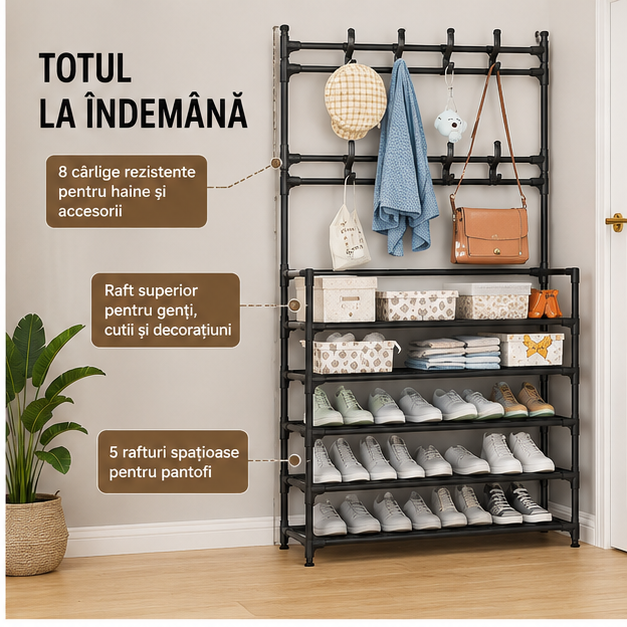 Cuier pentru haine cu suport pantofi, 5 rafturi 80x171x28