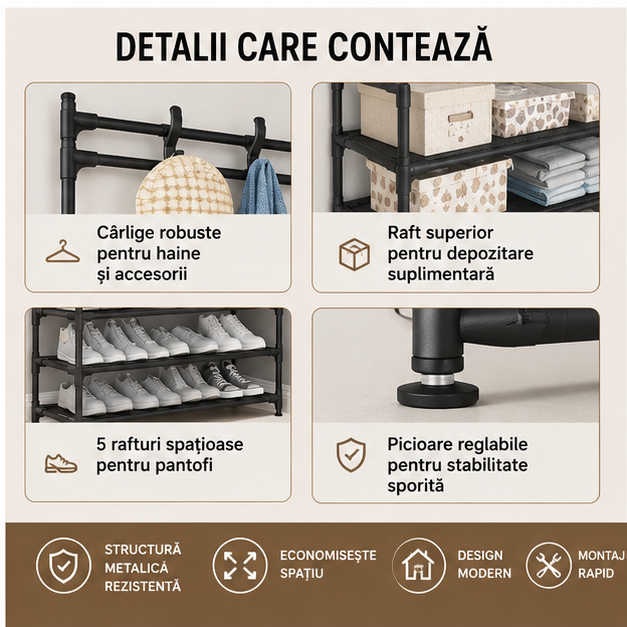 Cuier pentru haine cu suport pantofi, 5 rafturi 80x171x28