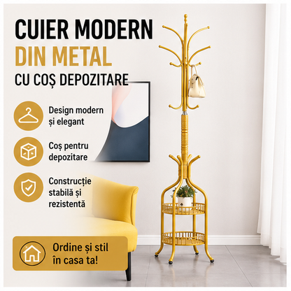 Cuier modern din metal cu coș depozitare pălării și haine