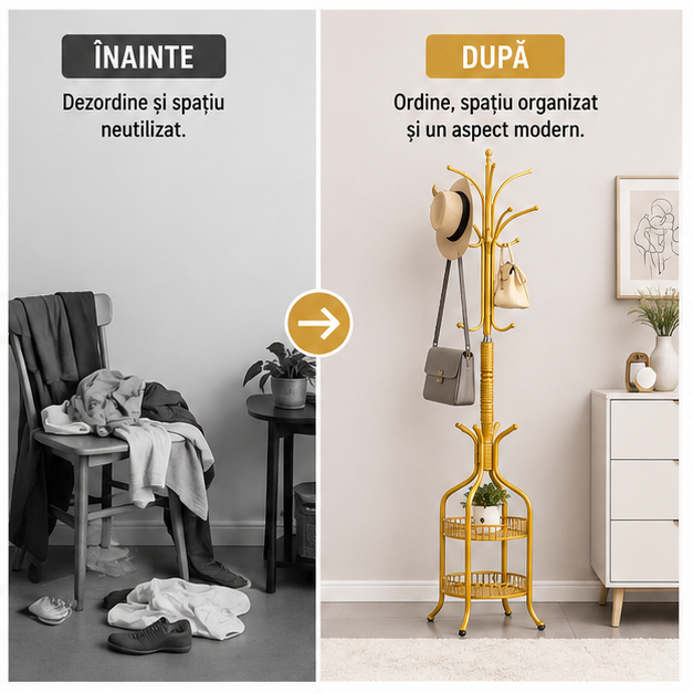 Cuier modern din metal cu coș depozitare pălării și haine