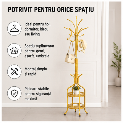Cuier modern din metal cu coș depozitare pălării și haine