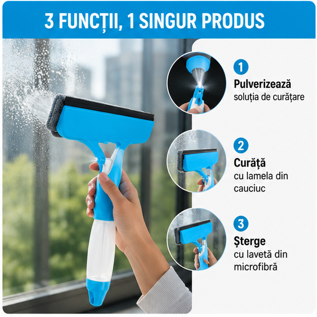 3-în-1 Curățător de Geamuri cu Pulverizator
