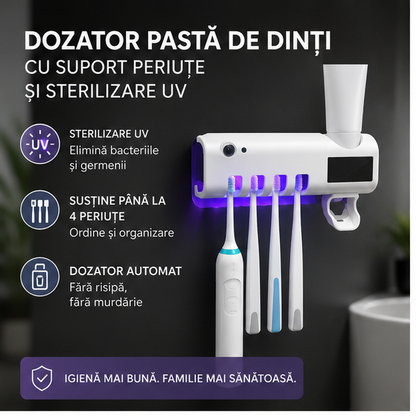 Dozator Pasta de Dinti cu Suport Periute si Sterilizare UV