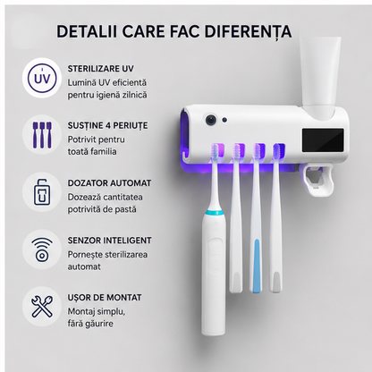 Dozator Pasta de Dinti cu Suport Periute si Sterilizare UV