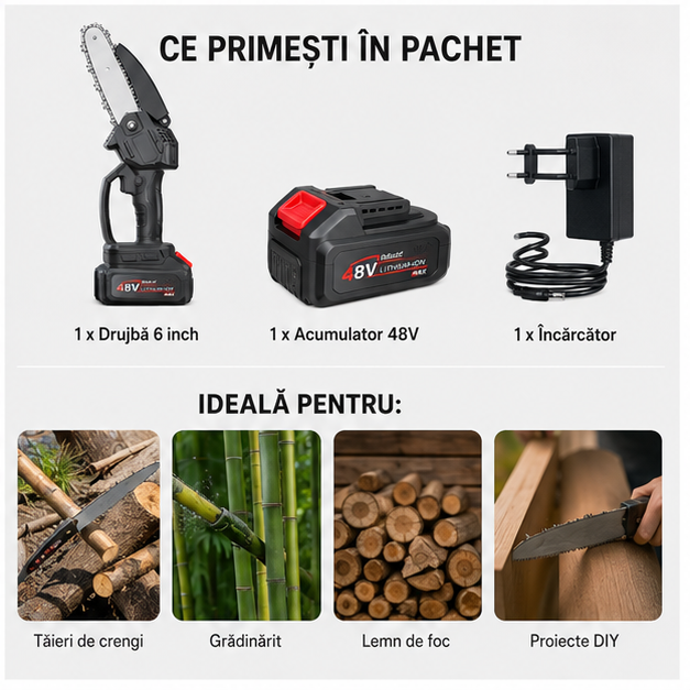 Drujba 6 inch cu 1 Acumulator 48V - Putere și Portabilitate
