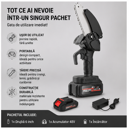 Drujbă 6 inch cu 1 Acumulator 48V - Profesională și Portabilă