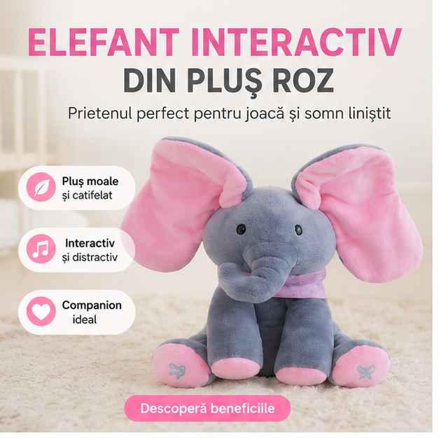 Elefant Interactiv din Pluș Roz - Vorbește, Cântă și Flutură