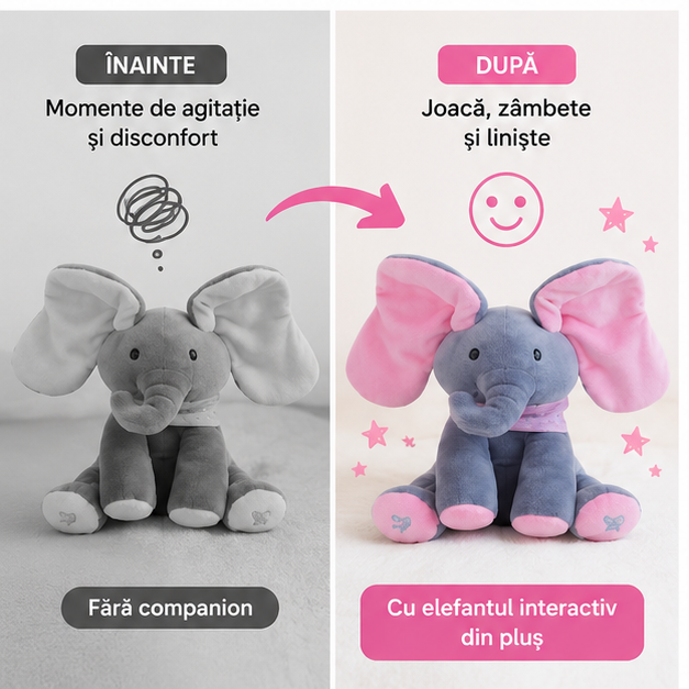 Elefant Interactiv din Pluș Roz - Vorbește, Cântă și Flutură