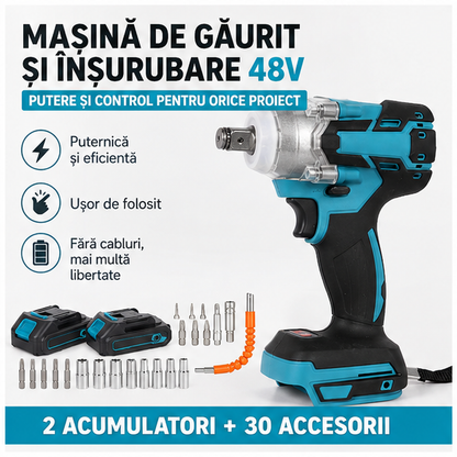 Mașină de Găurit și Înșurubare 48V cu 2 Acumulatori + 30 Accesorii