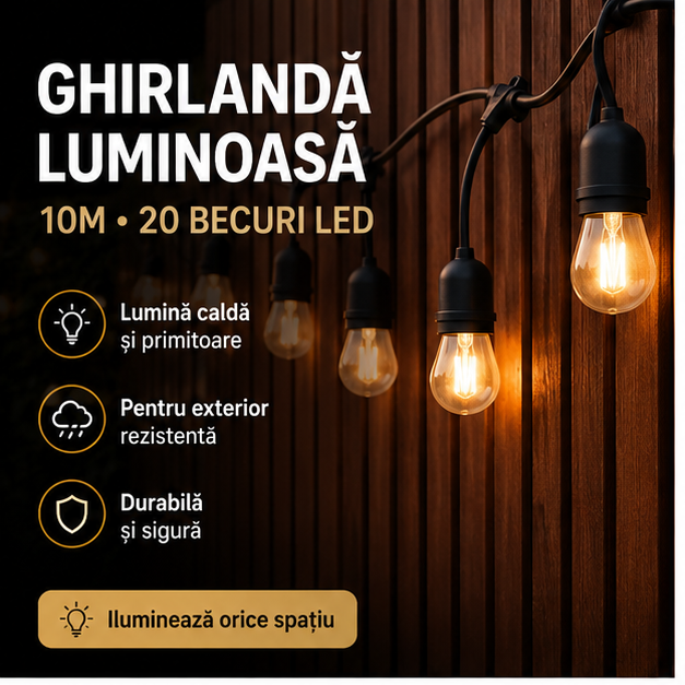 Ghirlanda Luminoasa 10M cu 20 Becuri LED - Decorare Interior/Exterior