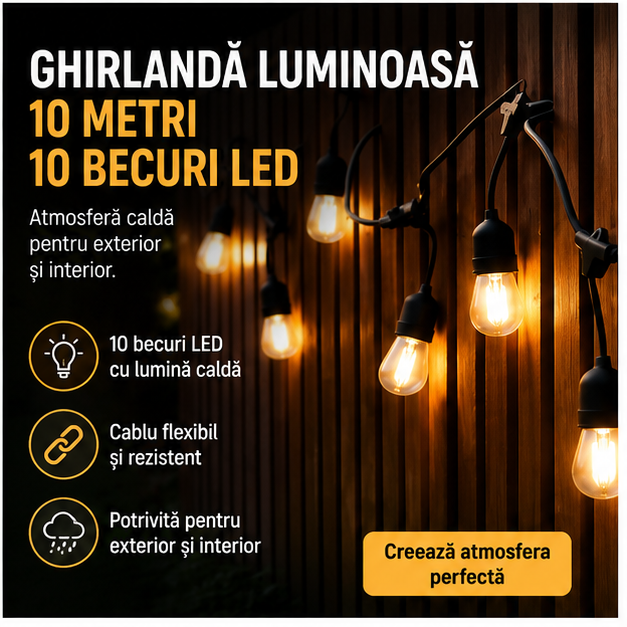 Ghirlanda Luminoasa 10 Metri cu 10 Becuri LED - Decor Exterior